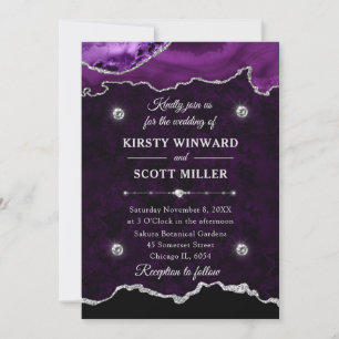 Purple Silver Glitter Agate Marble Wedding Invitation