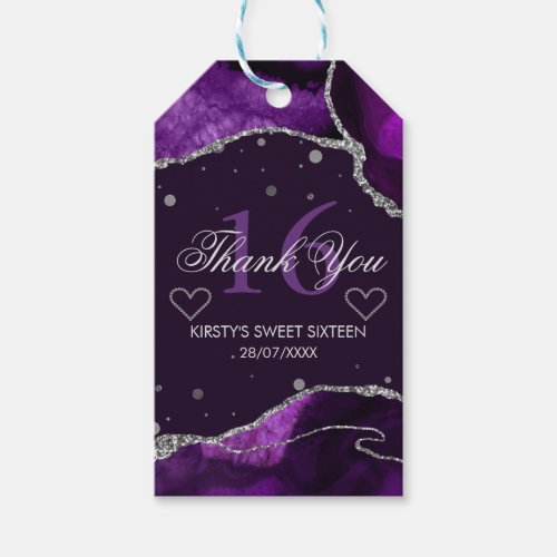 Purple  Silver Glitter Agate Sweet 16 Thank You Gift Tags