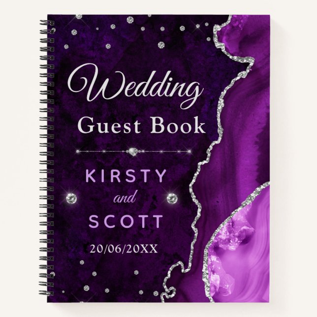 Purple & Silver Glitter Agate Wedding Guest Book (Front)
