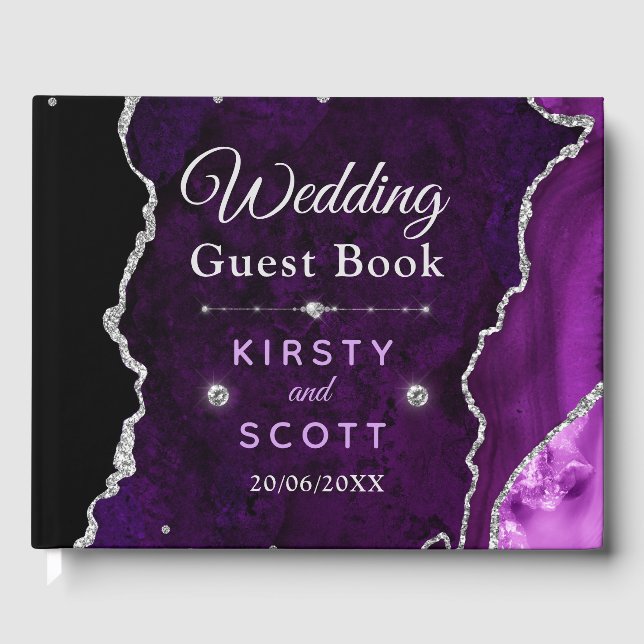 Purple & Silver Glitter Agate Wedding Guest Book (Front)
