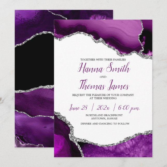 Purple Silver Glitter Agate Wedding Invitation (Front/Back)