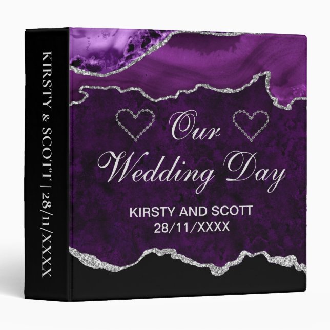 Purple & Silver Glitter Agate Wedding Photo Album 3 Ring Binder (Front/Spine)