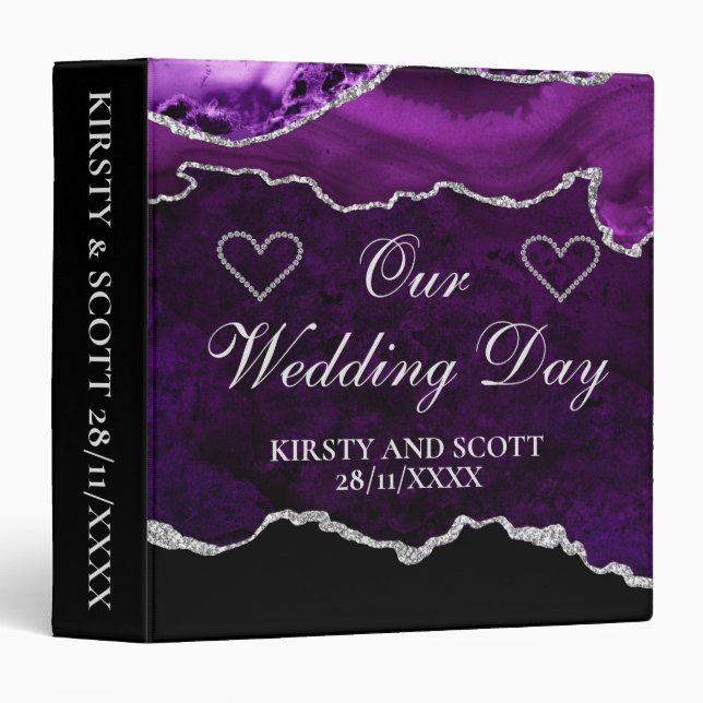 Purple & Silver Glitter Agate Wedding Photo Album 3 Ring Binder (Front/Spine)