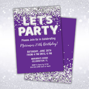 Purple Silver Glitter Birthday Party Invitation