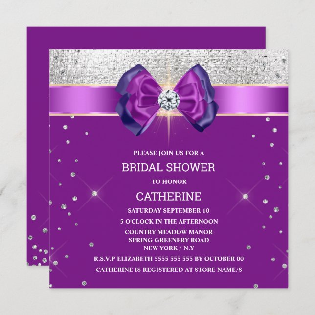 Purple silver glitter bow elegant chic sparkle invitation (Front/Back)