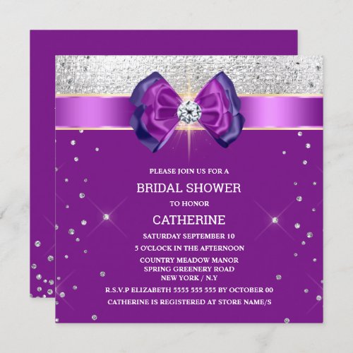 Purple silver glitter bow elegant chic sparkle invitation