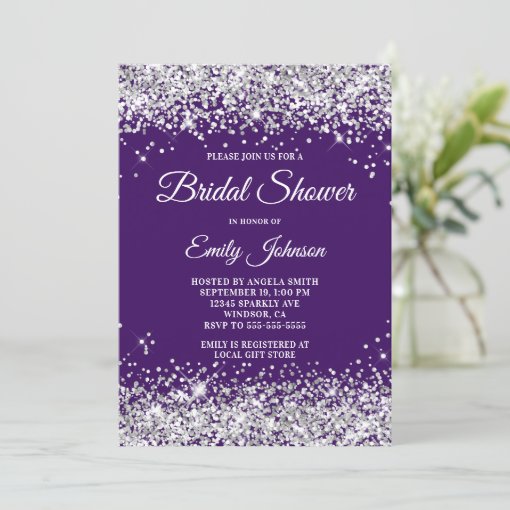 Purple Silver Glitter Bridal Shower Fancy Script Invitation Zazzle