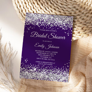 Purple Silver Glitter Bridal Shower Fancy Script Invitation
