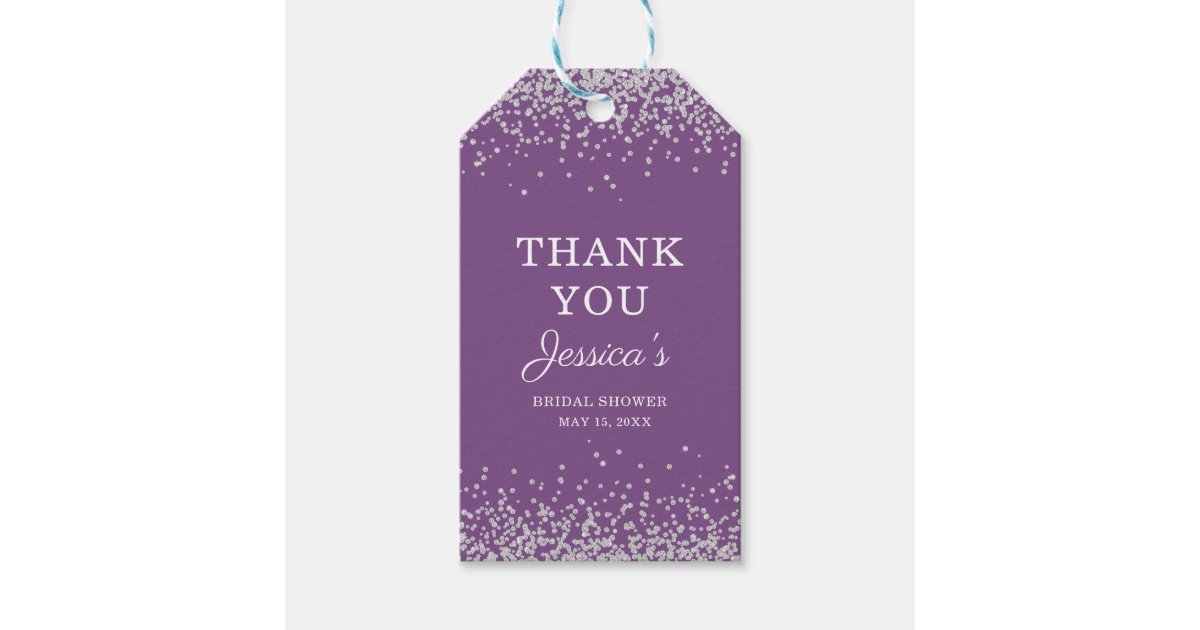 Purple Silver Glitter Bridal Shower Thank You Gift Tags | Zazzle