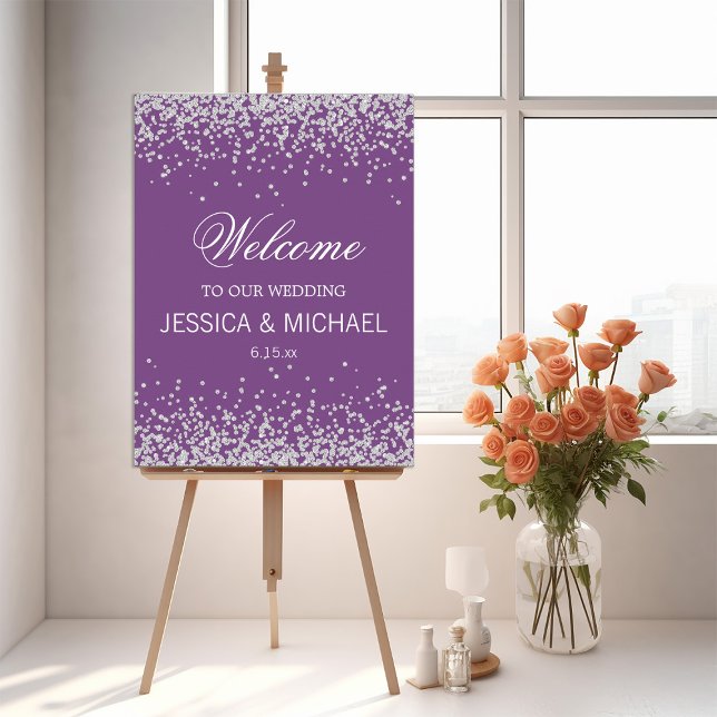 Purple Silver Glitter Bride Groom Wedding Foam Board (Purple wedding "Welcome" sign with silver glitter)