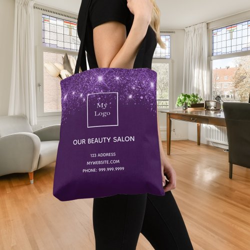 Purple silver glitter business logo beauty salon tote bag