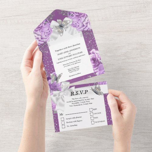 Purple silver glitter butterfly rose satin bow all in one invitation
