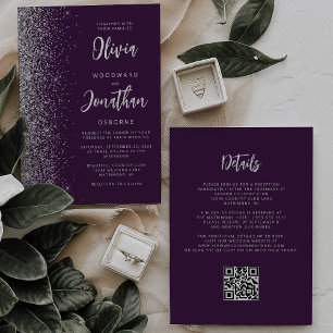 Purple Silver Glitter Calligraphy QR Code Wedding Invitation