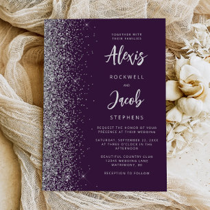Purple Silver Glitter Calligraphy Wedding Invitation