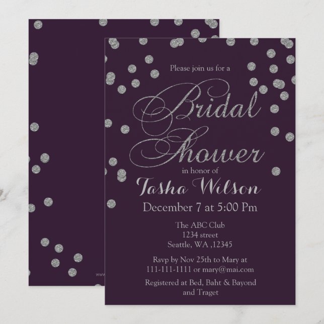 Purple Silver Glitter Confetti Bridal Shower Invitation (Front/Back)
