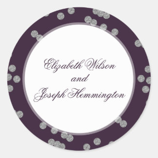 Purple Silver Glitter Confetti Elegant Wedding Classic Round Sticker