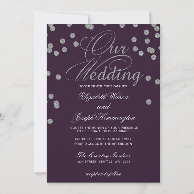 Purple Silver Glitter Confetti Elegant Wedding Invitation (Front)