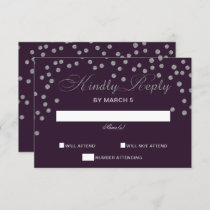 Purple Silver Glitter Confetti Elegant Wedding RSVP Card