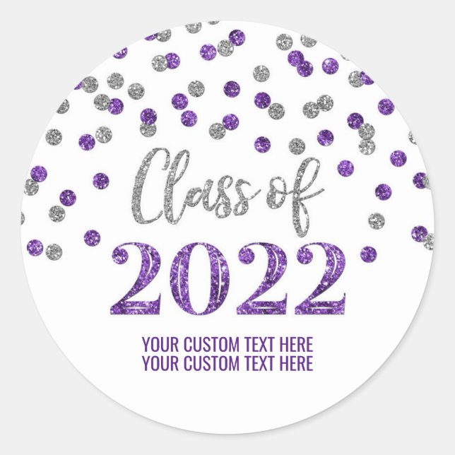 Purple Silver Glitter Confetti Graduation 2022 Classic Round Sticker (Front)