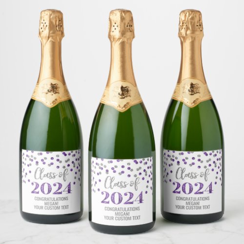 Purple Silver Glitter Confetti Graduation Sparkling Wine Label