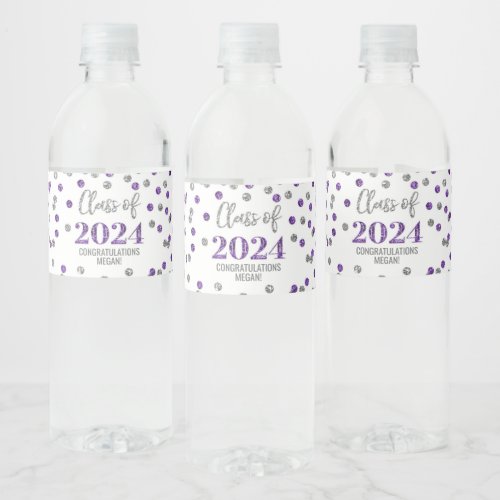 Purple Silver Glitter Confetti Graduation Water Bottle Label