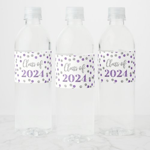 Purple Silver Glitter Confetti Graduation Water Bottle Label