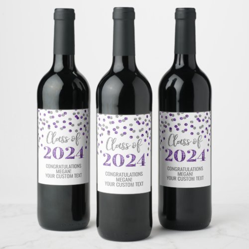 Purple Silver Glitter Confetti Graduation Wine Label