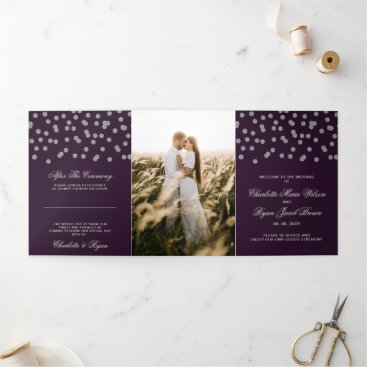 Purple Silver Glitter Confetti Photo Wedding Tri-Fold Program