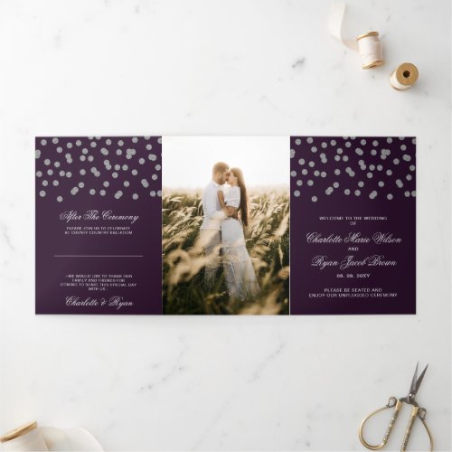 Purple Silver Glitter Confetti Photo Wedding Tri_Fold Program