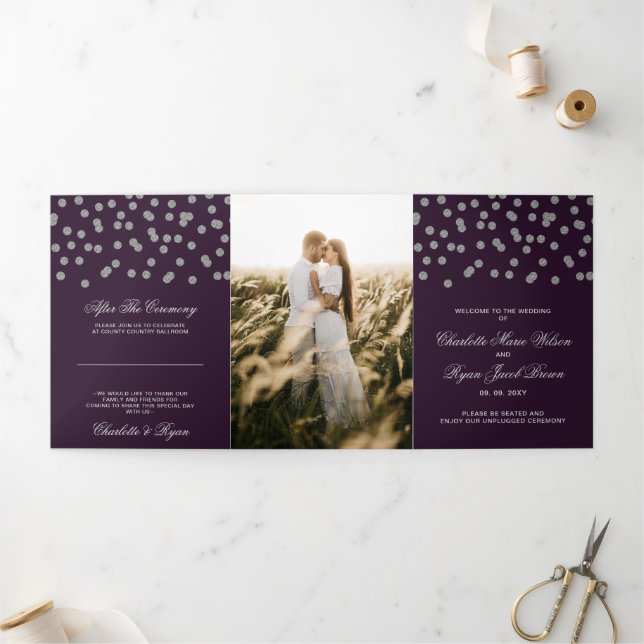 Purple Silver Glitter Confetti Photo Wedding Tri-Fold Program (Outside)