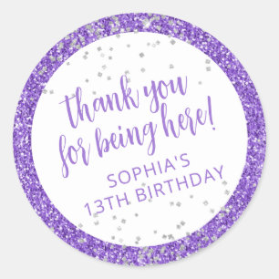 Purple Silver Glitter Confetti Thank You Classic Round Sticker