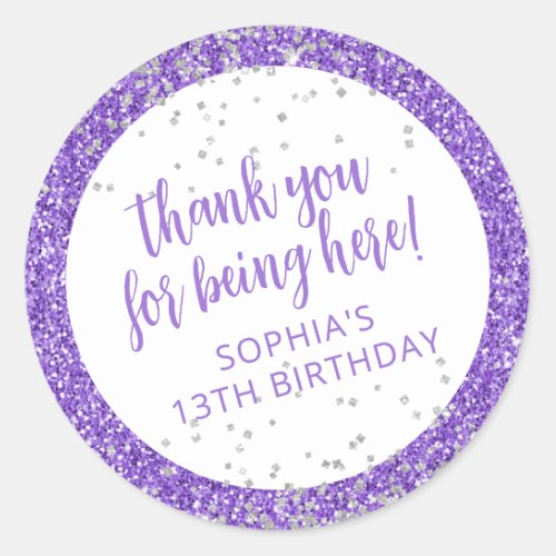 Purple Silver Glitter Confetti Thank You Classic Round Sticker