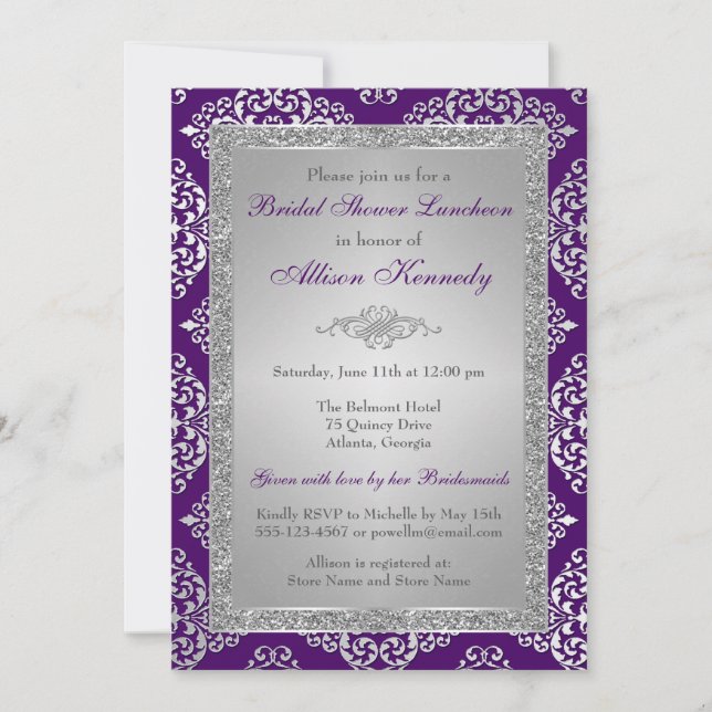 Purple, Silver Glitter Damask Bridal Shower Invite (Front)