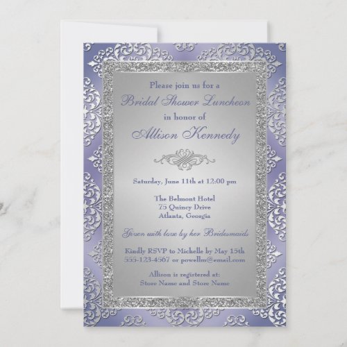 Purple Silver Glitter Damask Bridal Shower Invite