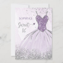 Purple Silver Glitter Dress Sweet 16 birthday  Invitation