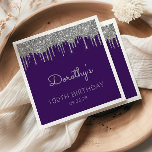 Purple Silver Glitter Drip 100th Birthday Party Napkins