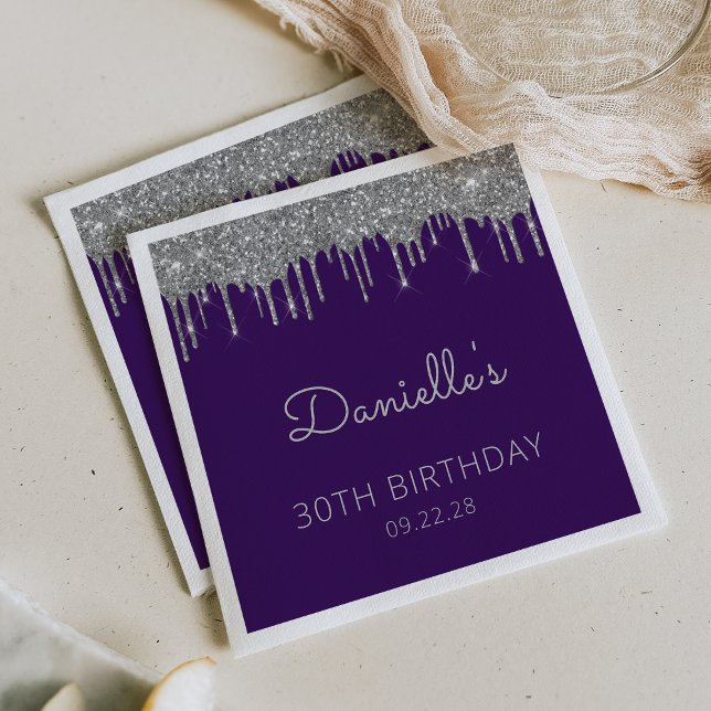 Purple Silver Glitter Drip 30th Birthday Party Napkins (Creator Uploaded)