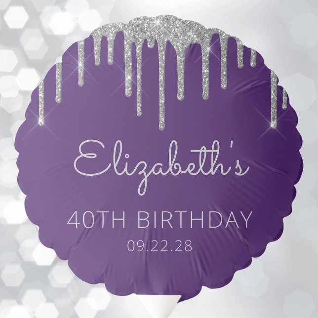 Purple Silver Glitter Drip 40th Birthday Party Balloon (Creator Uploaded)