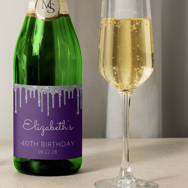 Purple Silver Glitter Drip 40th Birthday Party Sparkling Wine Label (Creator Uploaded)