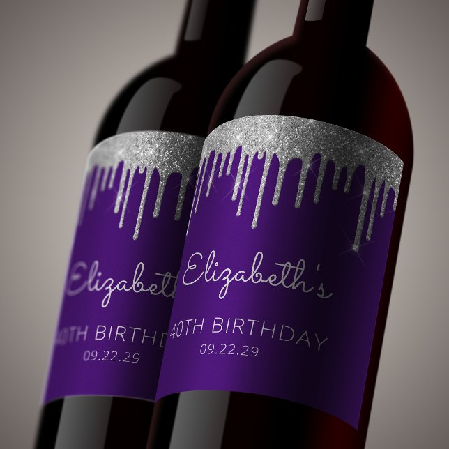 Purple Silver Glitter Drip 40th Birthday Party Wine Label (Creator Uploaded)