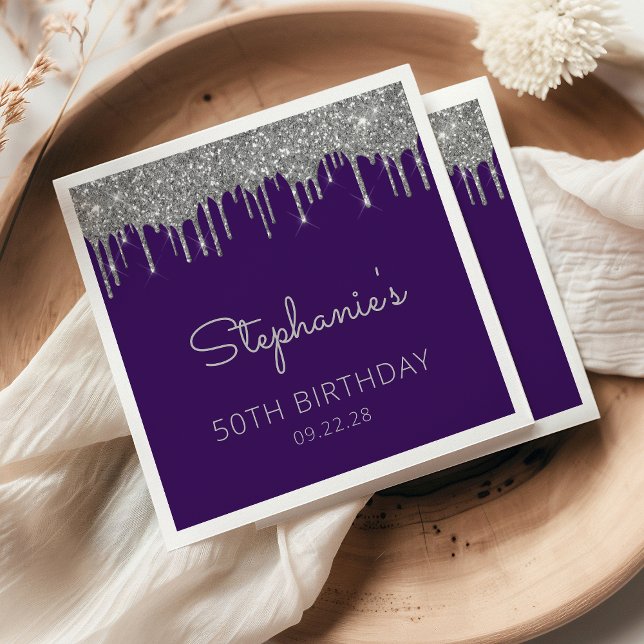 Purple Silver Glitter Drip 50th Birthday Party Napkins (Creator Uploaded)
