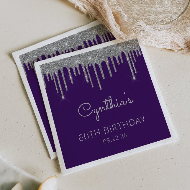 Purple Silver Glitter Drip 60th Birthday Party Napkins (Creator Uploaded)