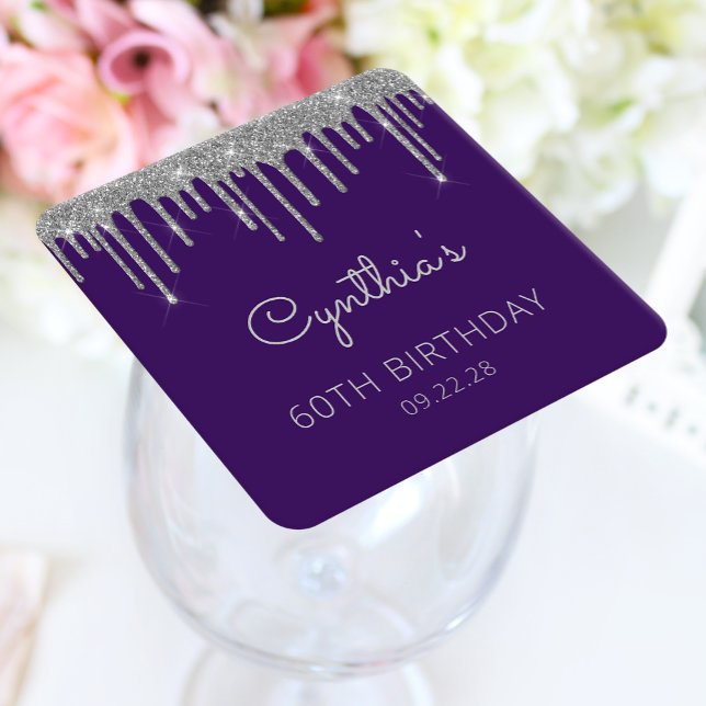 Purple Silver Glitter Drip 60th Birthday Party Square Paper Coaster (Creator Uploaded)