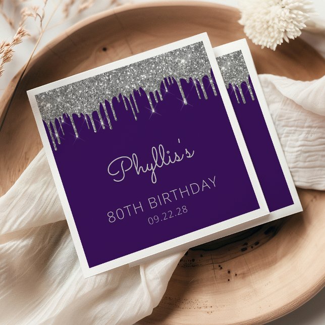 Purple Silver Glitter Drip 80th Birthday Party Napkins (Creator Uploaded)
