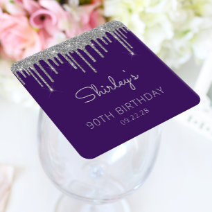 Purple Silver Glitter Drip 90th Birthday Party Square Paper Coaster