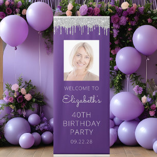 Purple Silver Glitter Drip Photo 40th Birthday Retractable Banner