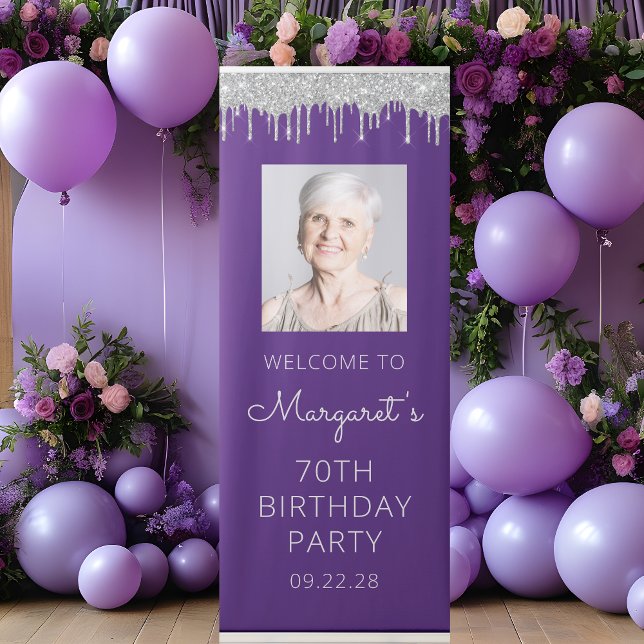 Purple Silver Glitter Drip Photo 70th Birthday Retractable Banner (Creator Uploaded)