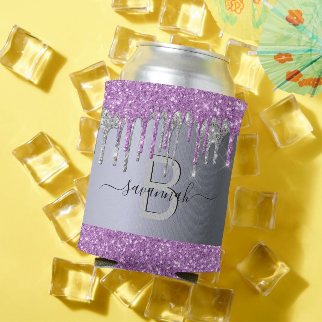Purple silver glitter drips party monogram can cooler (In Situ Summer)