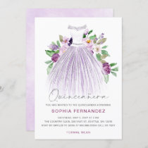 Purple Silver glitter Floral Dress Quinceañera Invitation