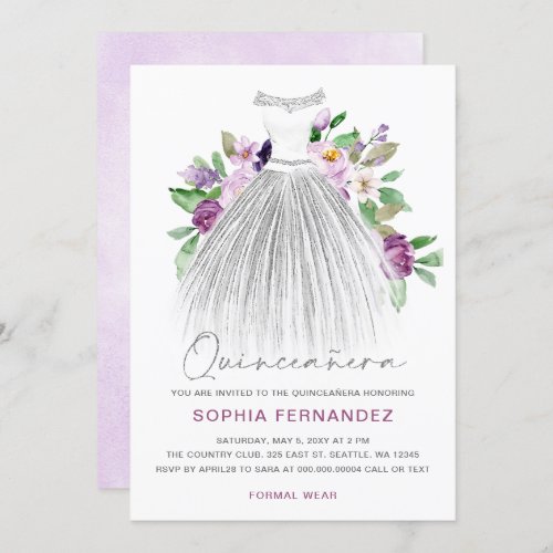 Purple Silver glitter Floral Dress Quinceaera Invitation